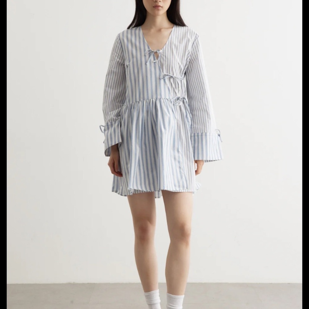 Ganni Blue and White Striped Long Sleeve Dress